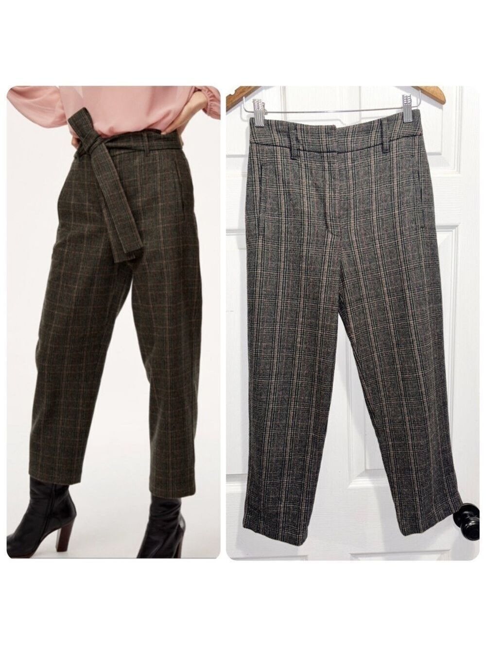 ARITZIA Wilfred Jallade Plaid Pants Tie Front Wool Blend Grey Trousers Size 2